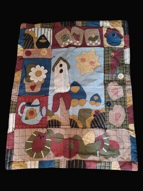 Handmade Baby Quilt Crow Farmhouse Country Patchwork Cactus Veggies 41x33 VTG